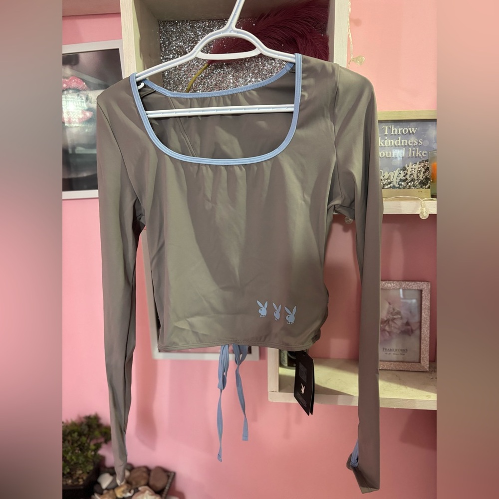 PLAYBOY Gray and Blue Long Sleeve Crop Top